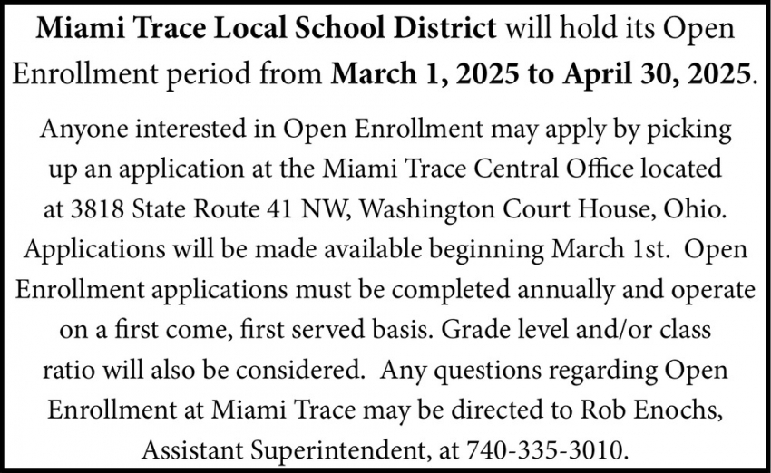 Open Enrollment Period, Miami Trace Local School District, Washington